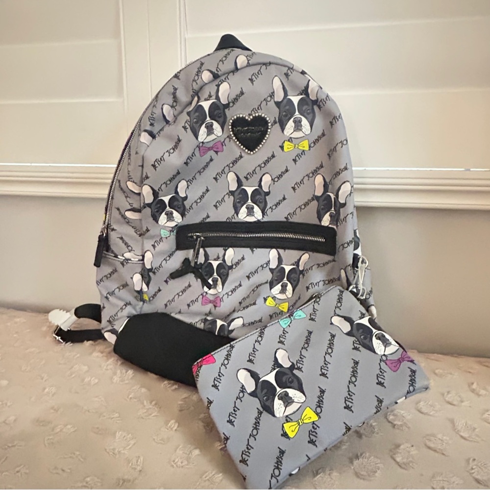 Betsy Johnson Dog Print Back Pack and Pouch Grey Multi OS